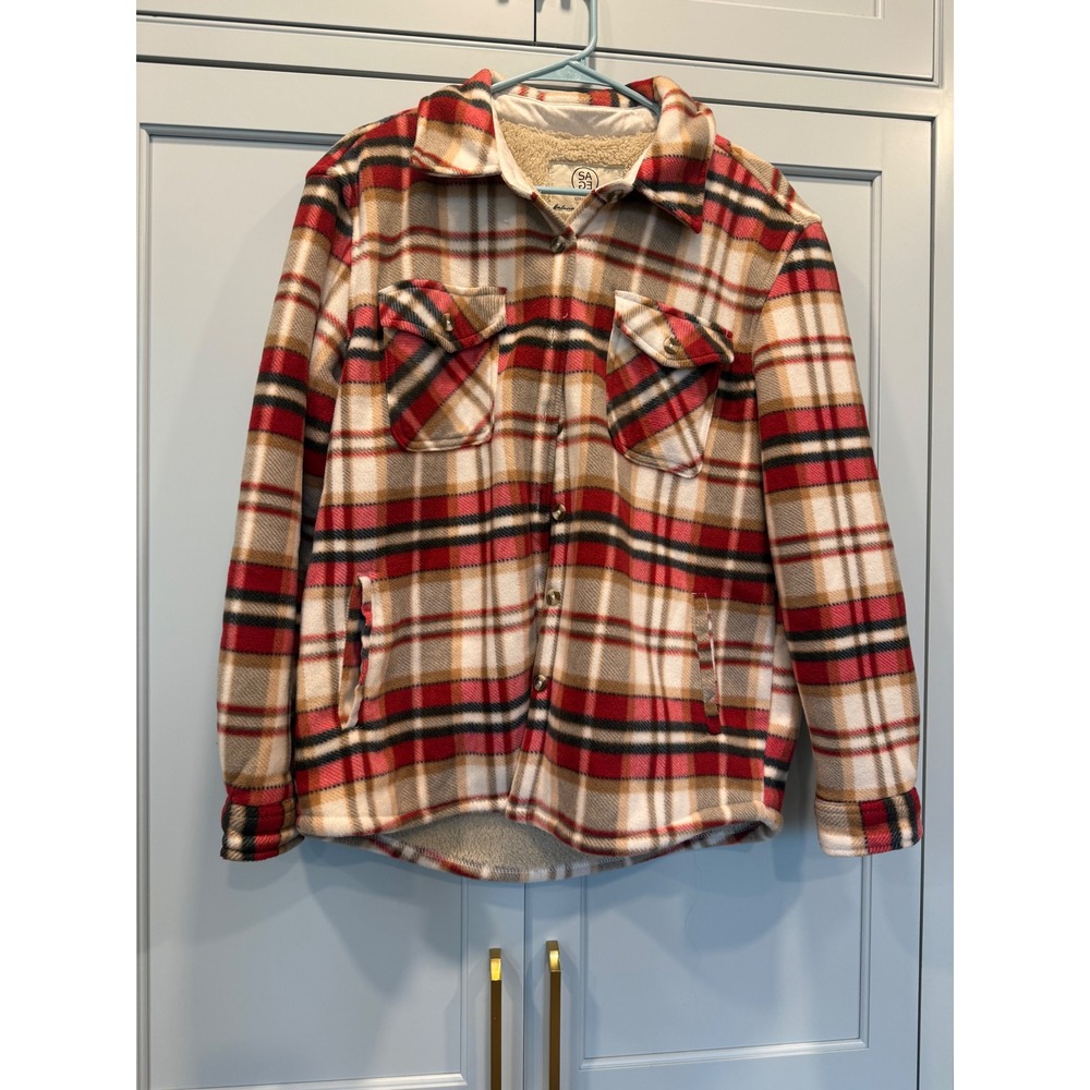 Sage Collective‎ Womens Red Plaid Sherpa Lined Flannel Shirt Jacket Shacket Med